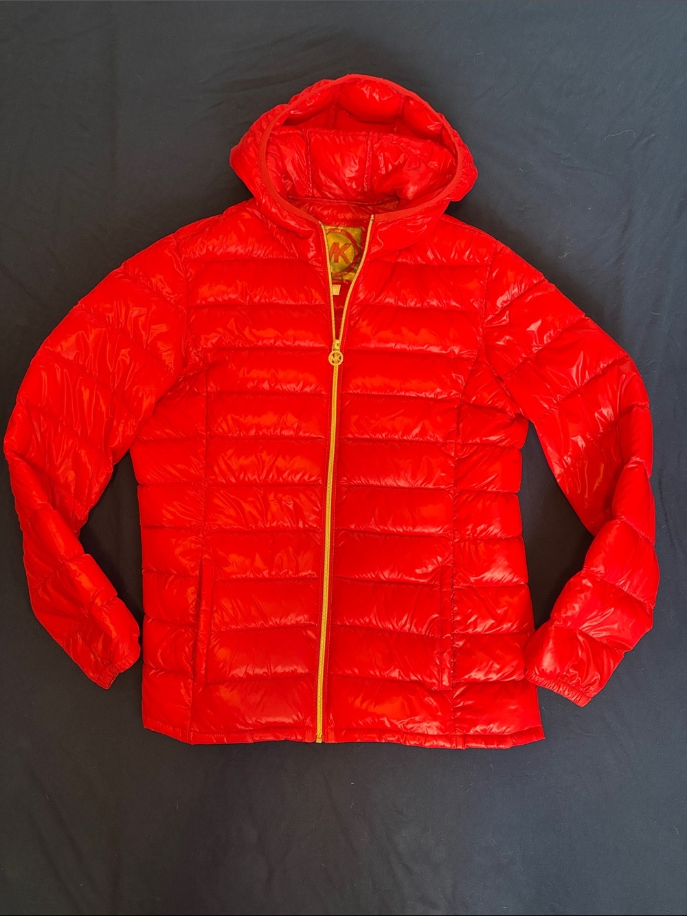 Michael Kors Shiny Red Hooded Quilted Puffer Jacket